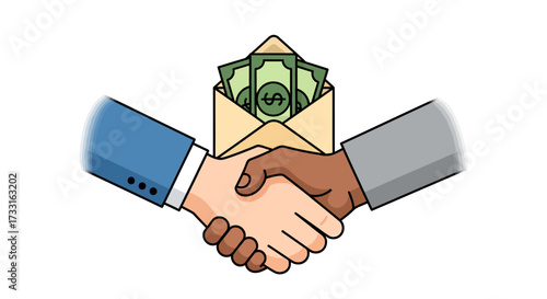 Two people shaking hands, with an envelope containing money between them, symbolizing a deal.