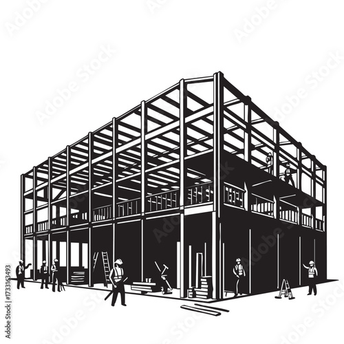 Black and white illustration depicts a building's steel framework during construction, with workers actively involved in the process on site.