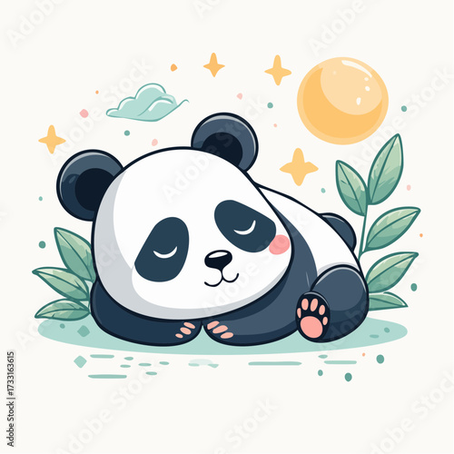 Sweet dreams of a cute cartoon panda resting at night. A charming and peaceful animal character illustration isolated on a light background