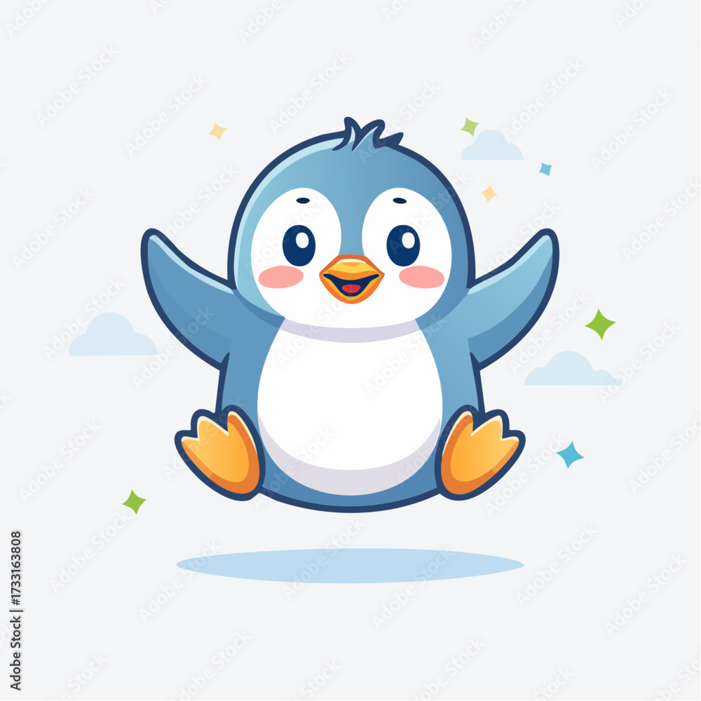 Obraz premium Cute Cartoon Penguin with Big Smile and Happy Pose in Mid-Air surrounded by Stars and Clouds