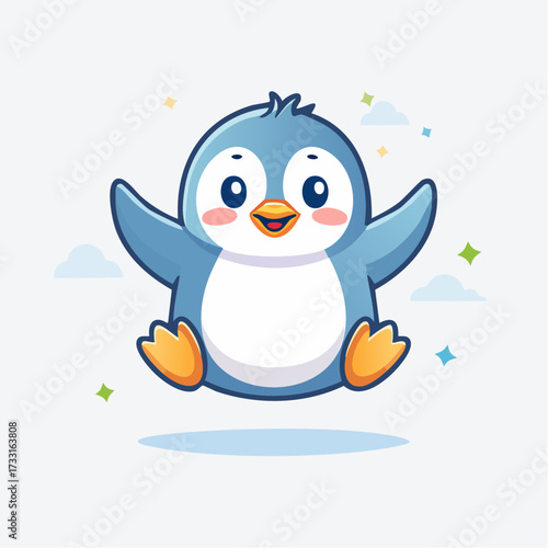 Cute Cartoon Penguin with Big Smile and Happy Pose in Mid-Air surrounded by Stars and Clouds
