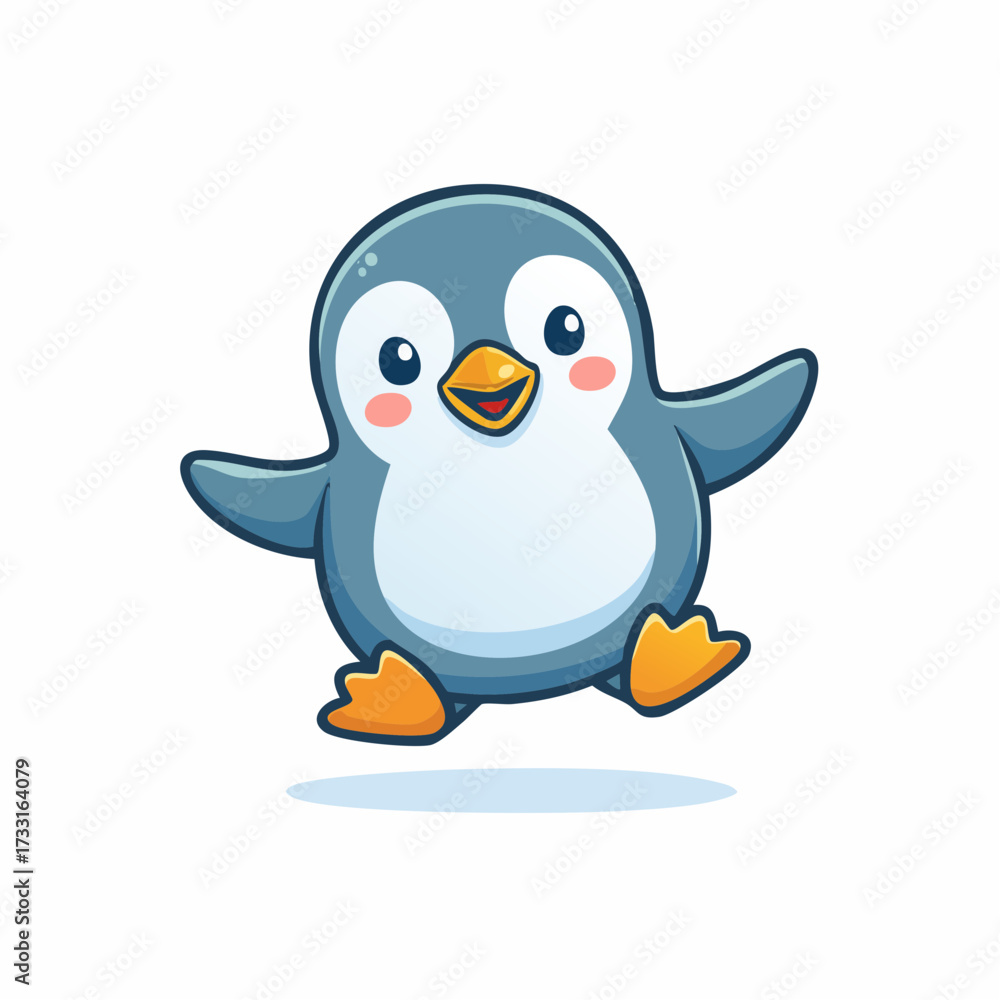 Fototapeta premium Happy penguin character leaping in the air, joyfully flapping its wings, smiling widely