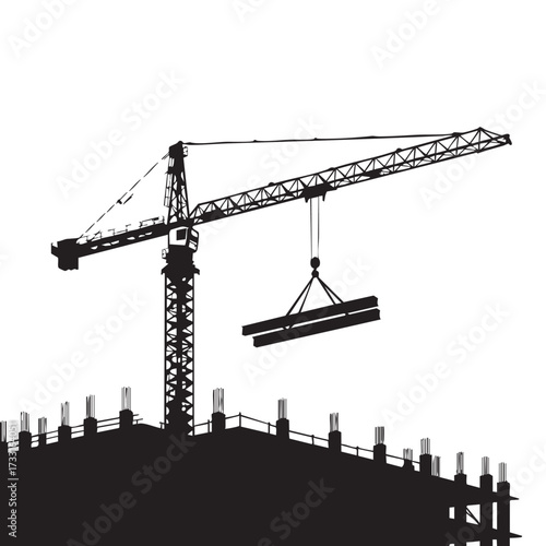 Silhouette of a construction crane lifting steel beams over a building's framework against a bright sky, symbolizing progress.