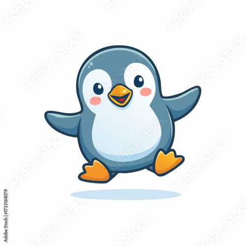 Happy penguin character leaping in the air, joyfully flapping its wings, smiling widely