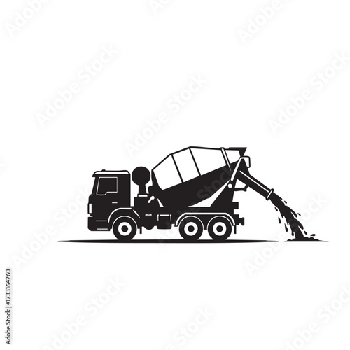 A black and white illustration depicts a cement mixer truck discharging concrete, ideal for construction and building projects.