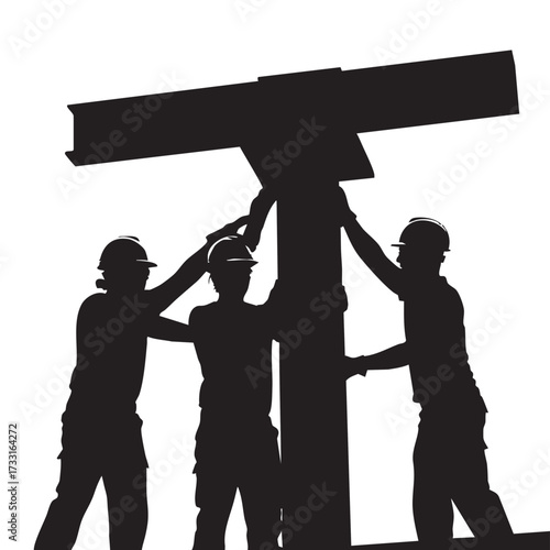 Silhouette of construction workers collaborating to lift a steel beam, demonstrating teamwork and building a structure against a white background.