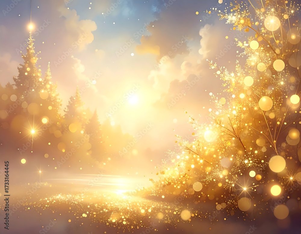 Naklejka premium Glowing gold and white festive landscape with light and trees