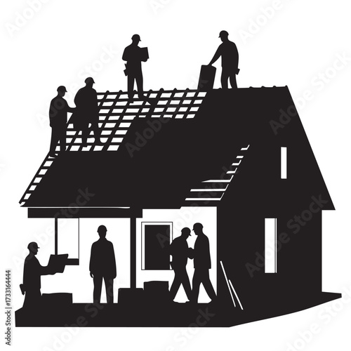 Silhouette of construction workers installing a roof on a house, illustrating teamwork and home improvement projects in progress.