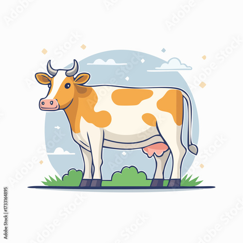 A charming cartoon illustration of a brown and white cow standing in a green pasture against a light blue sky with clouds.