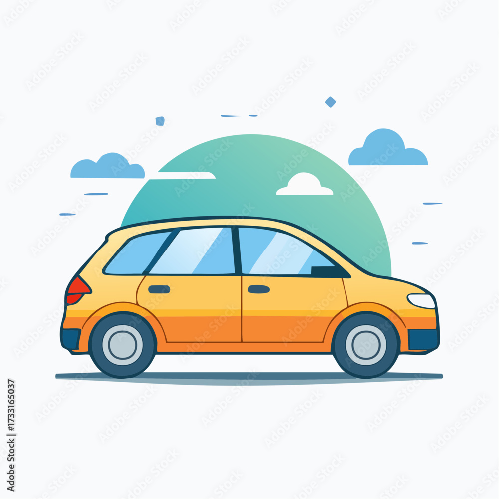 Obraz premium A vibrant cartoon illustration featuring a yellow car with blue accents, set against a backdrop of clouds and a gradient green circle.