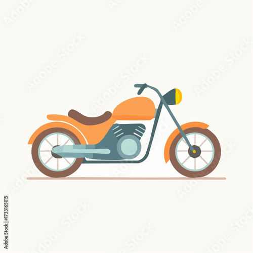 A simple, flat vector illustration of a vintage-style motorcycle in orange and blue.