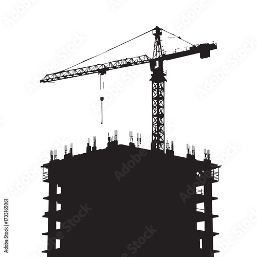 A silhouette shows a construction crane towering over a building under construction, highlighting urban development and architectural progress.