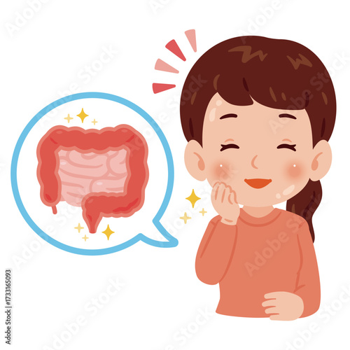 腸が健康で美肌な女性　上半身イラスト／Woman with a healthy intestine and glowing skin　upper body illustration