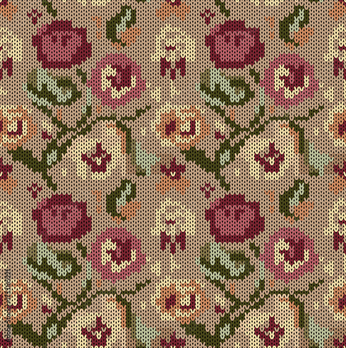 A detailed and elegant seamless knitting pattern featuring a repeating floral design of roses and leaves. The vintage color palette makes it perfect for classic textile projects, backgrounds, and fash
