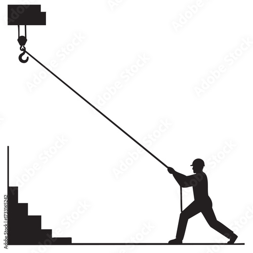 A worker uses a pulley system to lift an object, demonstrating the principles of mechanical advantage and effort reduction.