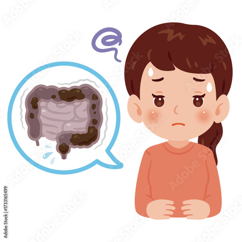 便秘で苦しむ女性　上半身イラスト／Woman suffering from constipation　upper body illustration