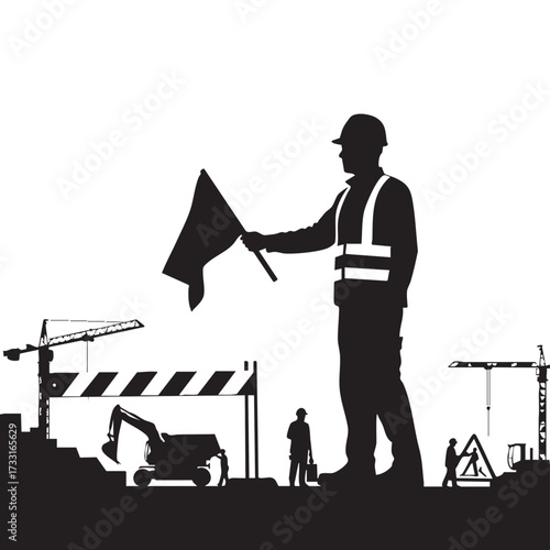 An illustration depicts a construction worker signaling with a flag amid various construction elements like cranes and barriers.