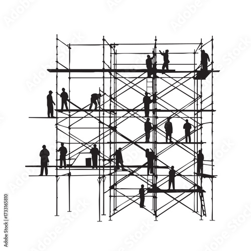 A detailed black and white illustration depicts construction workers on scaffolding, engaged in building activities, showcasing teamwork and industry.