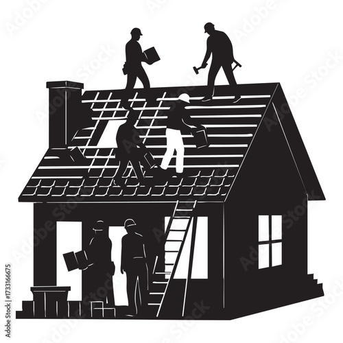 Silhouette of construction workers installing roofing shingles on a house, showcasing home renovation and building maintenance.