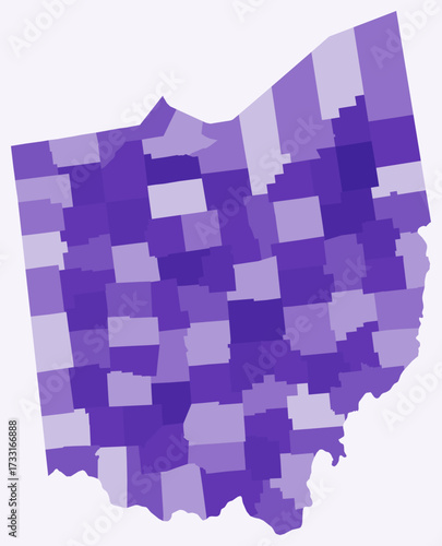 Map of Ohio with counties. Just a simple state border map with county division. Deep purple color palette. Plain State of Ohio shape with administrative division. Vector illustration.