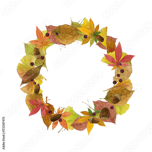 Watercolor Autumn Fall Wreath / Hand-Drawn Botanical Frame with Leaves and Leaves Border Vector Set