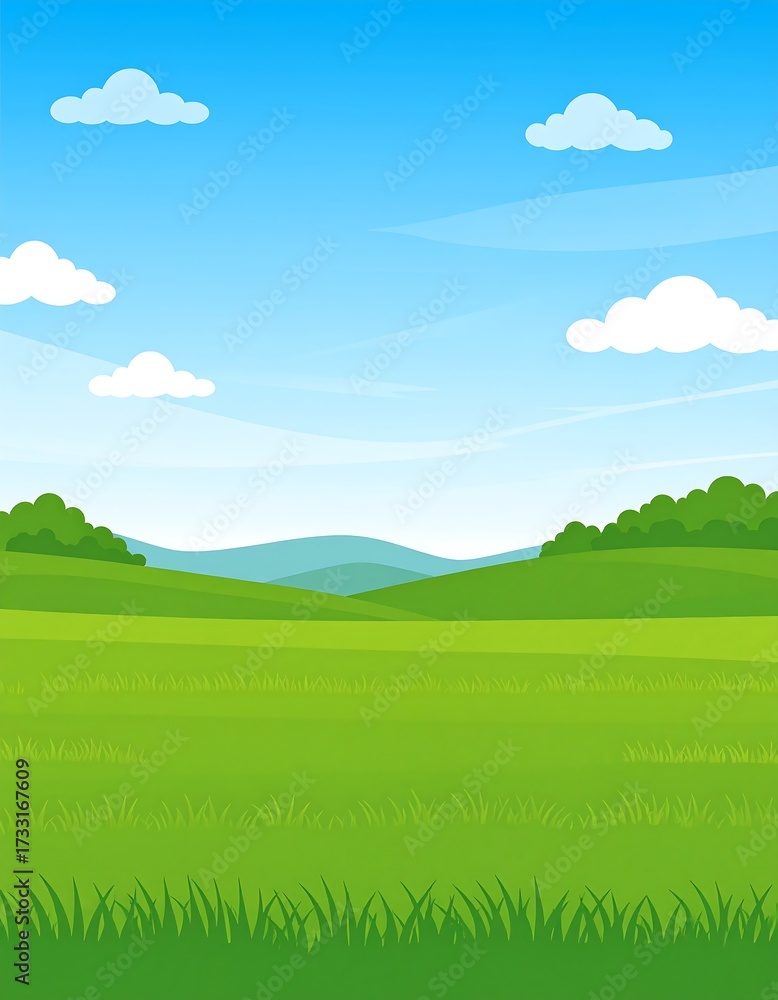 Fototapeta premium Cartoon landscape, vibrant grassy field, rolling hills, bright sky, fluffy clouds