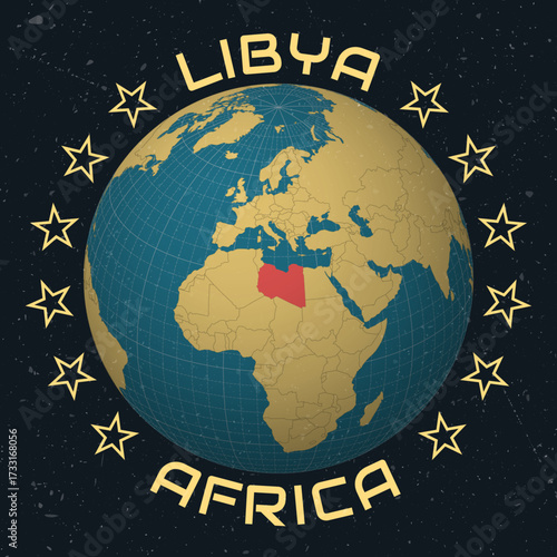Libya on Globe. Country name round text. Vintage look with grunge scratched texture. Country view on world map in Sky Blue Light Yellow color palette. Libya shape on map. Alive vector illustration.