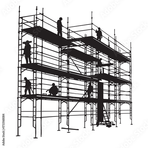 Construction workers silhouetted on scaffolding, performing various tasks, building and assembling a structure, creating a safe and stable platform.