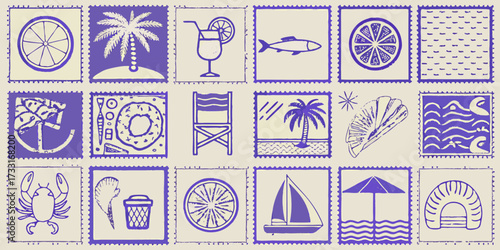 Collection of purple summer vacation icons on a cream background in a stamp format