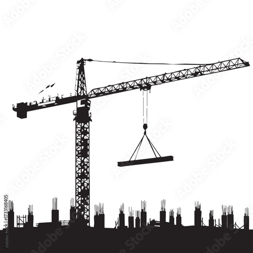 A silhouetted construction crane lifts a heavy beam above the unfinished framework of a new building under a bright, clear sky, demonstrating progress.