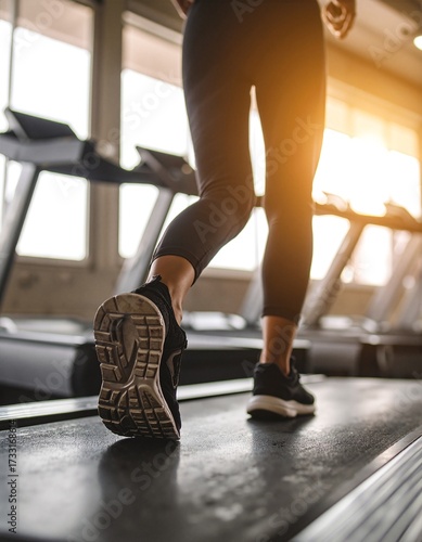 A focused individual in athletic wear runs energetically on a treadmill in a modern gym, surrounded by fitness equipment and motivational posters.