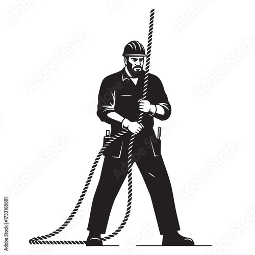 A strong construction worker in a hard hat pulls a thick rope, demonstrating strength and determination in a black and white illustration.