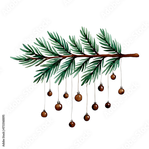 Watercolor Christmas Tree Branch with Hanging Baubles Festive Holiday Decoration Minimalist Illustration Isolated on White Background Perfect for Cards and Invitations