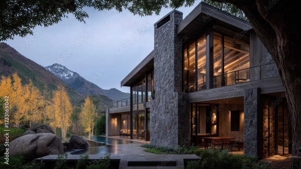 Fototapeta premium Modern architectural structure illuminated at twilight with large glass windows, stone chimney, outdoor pool,