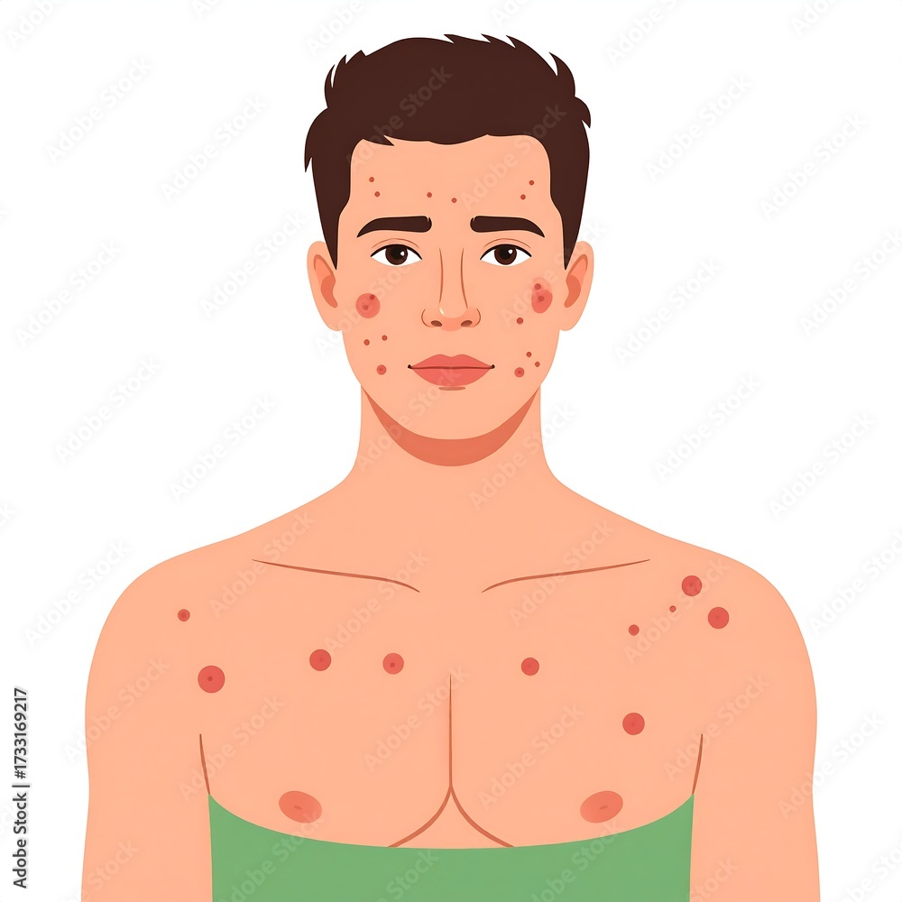 Fototapeta premium Illustration of a young man with acne on his face and upper body