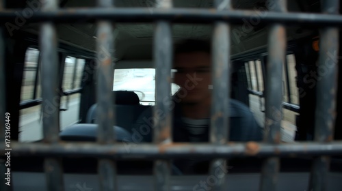 Man in a vehicle seen through metal bars, possibly a prisoner transport.