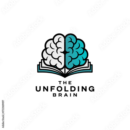 Brain book logo, unfolding mind concept, cognitive learning brand, open pages forming brain, academic identity, bold modern vector