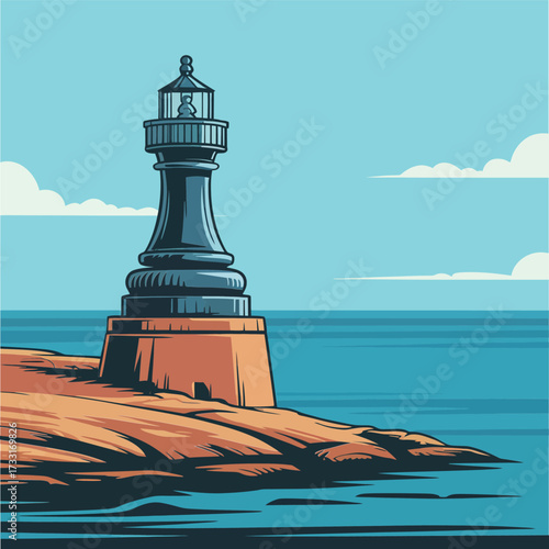 rocky coast lighthouse scene, cliffside beacon tower, maritime navigation symbol, blue sea horizon, vintage travel artwork, vector