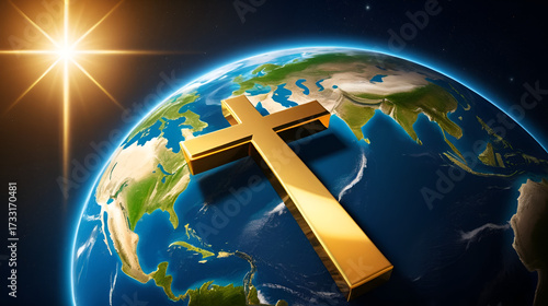 Shiny glowing golden Christian religion faith cross symbol sign above the planet earth globe. Jesus Christ gospel and crucifixion evangelism, international missionary organization,worldwide fellowship
