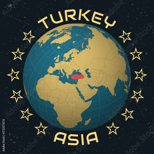 Turkey on Globe. Country name round text. Vintage look with grunge scratched texture. Country view on world map in Sky Blue Light Yellow color palette. Turkey shape on map.