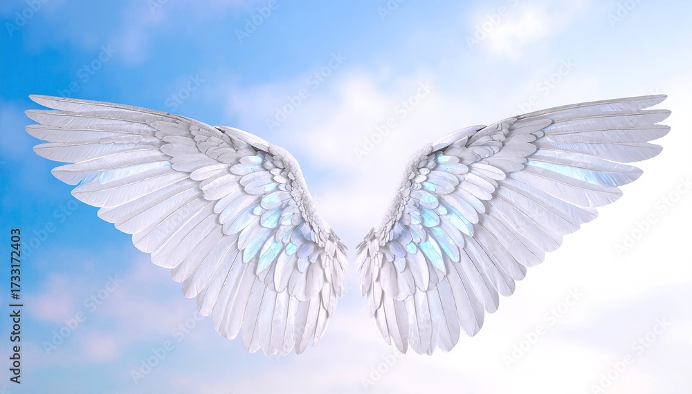 Obraz premium A pair of ethereal white angel wings gracefully spread against a vibrant blue sky, evoking a sense of peace and celestial beauty.