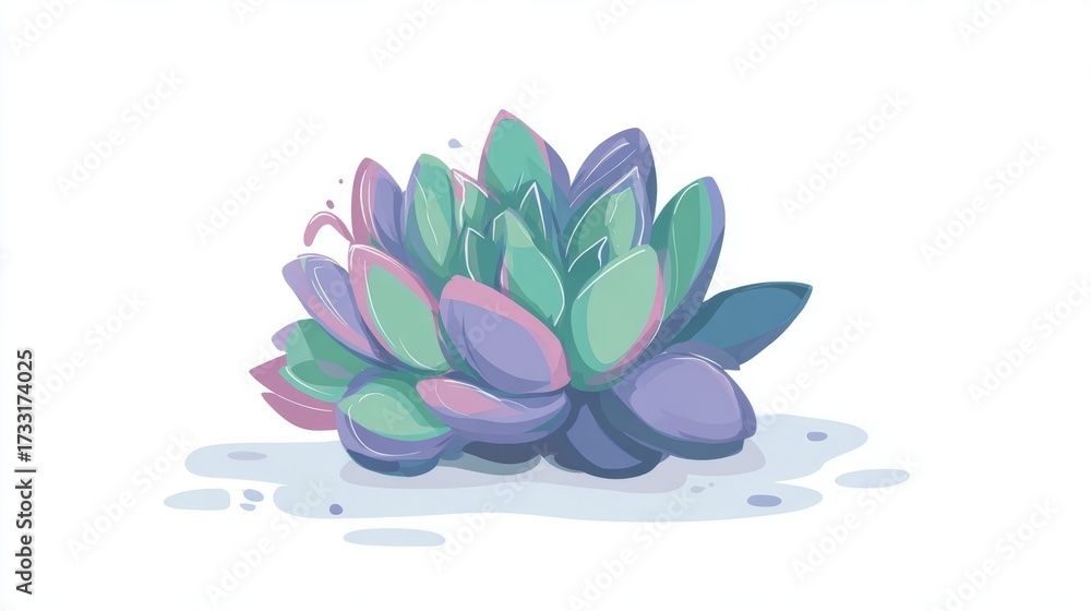 Obraz premium Stylized succulent plant illustration with pastel green, blue, and purple leaves on a white background.