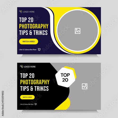 Multipurpose photography tips and tricks video thumbnail banner design, daily photography techniques video set cover banner design, fully customizable vector eps 10 file format