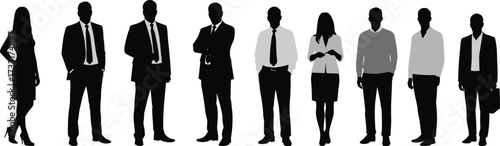 Silhouette of diverse business people standing together, teamwork concept, professional office workers, leadership, management strategy, corporate employees, career development, workplace unity