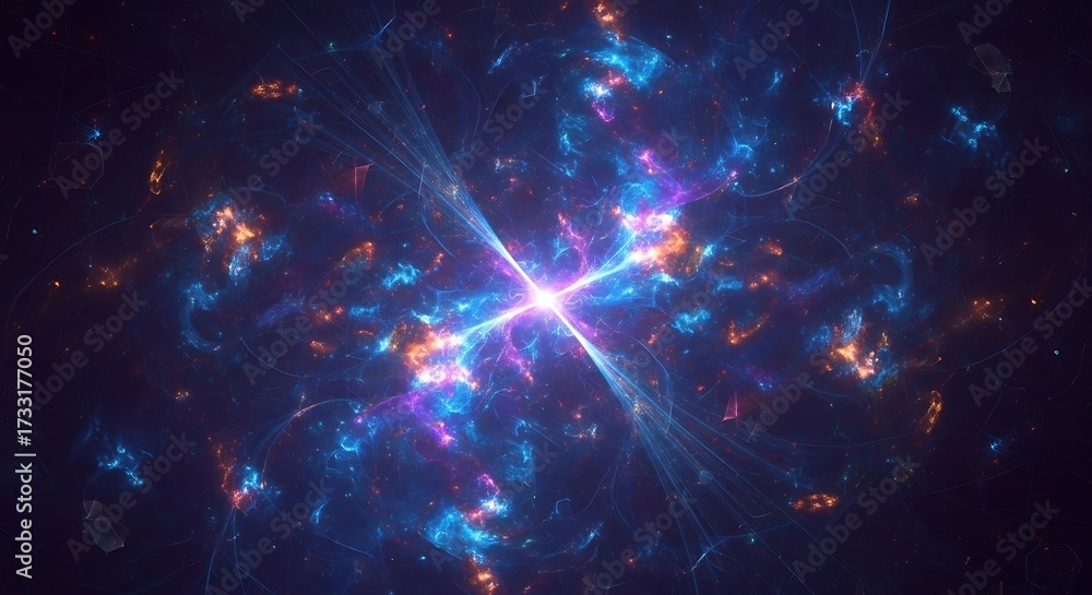 Fototapeta premium Cosmic Nebula with Bright Blue, Purple, and Orange Glowing Energy Clusters space galaxy