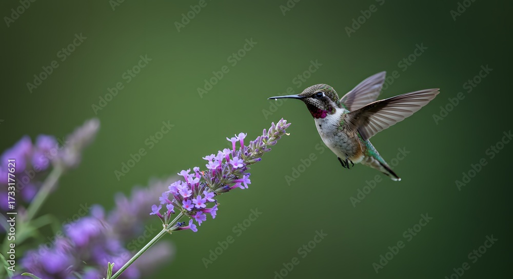 Fototapeta premium Hummingbird Hovering Near Lavender Flowers