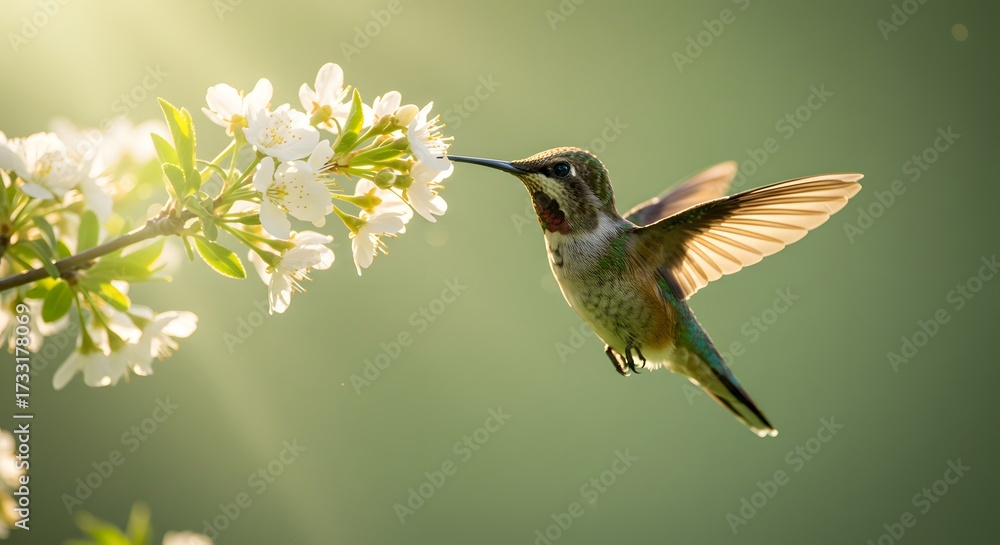 Naklejka premium Hummingbird Feeding on White Cherry Blossoms
