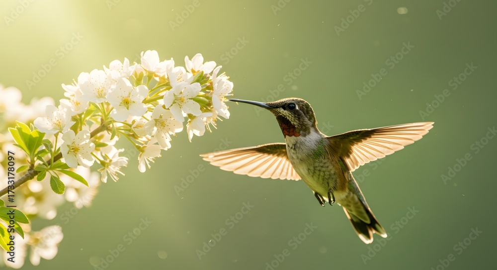 Fototapeta premium Hummingbird Feeding on White Cherry Blossoms in Spring