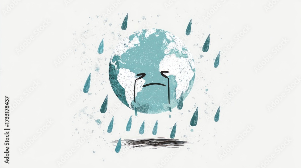 Obraz premium Sad Earth Crying: Symbolic Climate Change Illustration with Raindrops