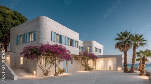 Modern two-story stone residence with blue shutters, flowering trees,